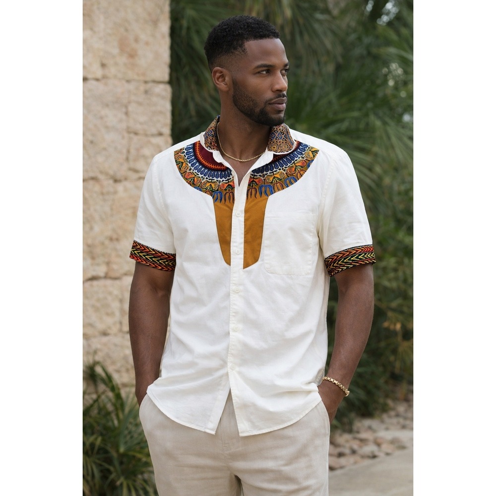 Boss Hugo Boss Artsy Ethnic Inspired Statement Shirt Dashiki Ankara Size S/M 16"